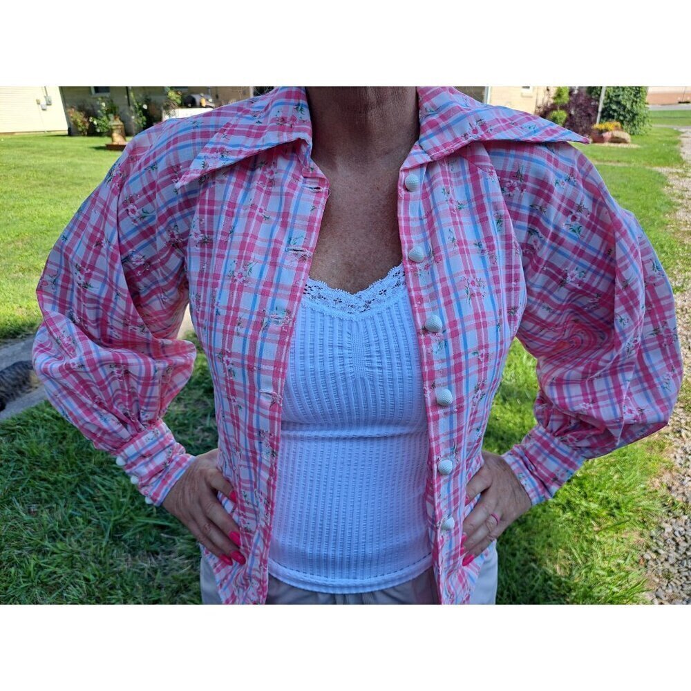 Vintage 70's Pink Plaid Button-Up Blouse Floral Print  Puff Sleeves Handmade